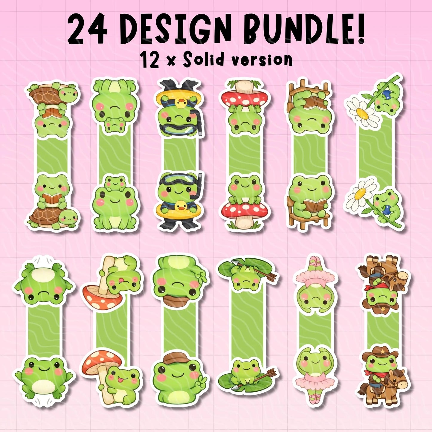 Set of 24 green frog-themed designs on a pink background, labeled as a '24 Design Bundle'.