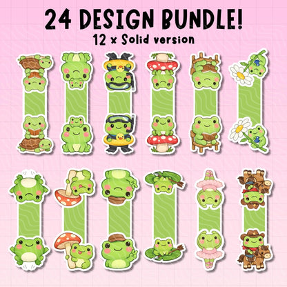 Set of 24 green frog-themed designs on a pink background, labeled as a '24 Design Bundle'.