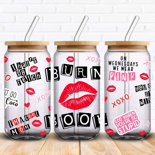 uv dtf print wrap for 16oz Libbey glass cans featuring a mean girls burn book design