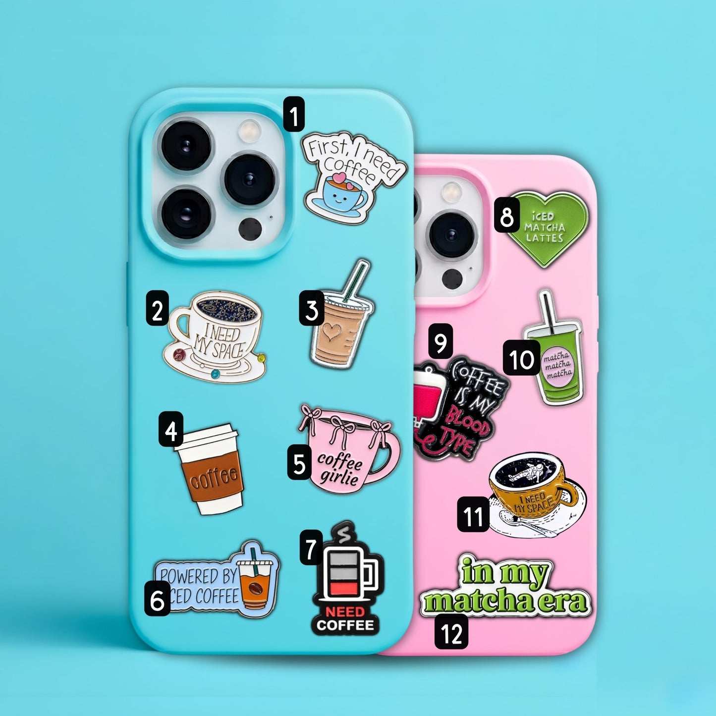 Coffee & Matcha - Enamel Metal Stick On Charms (3M Adhesive)