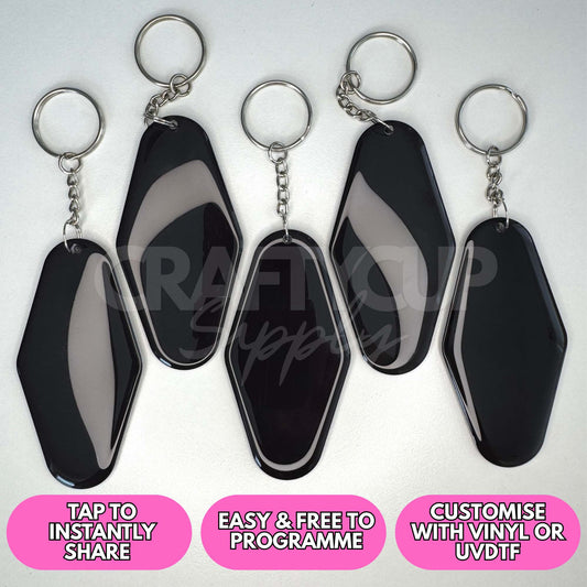 Black NFC motel shaped tag keyring designed for contactless digital business cards and payment links