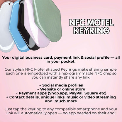 Black NFC motel shaped tag keyring designed for contactless digital business cards and payment links