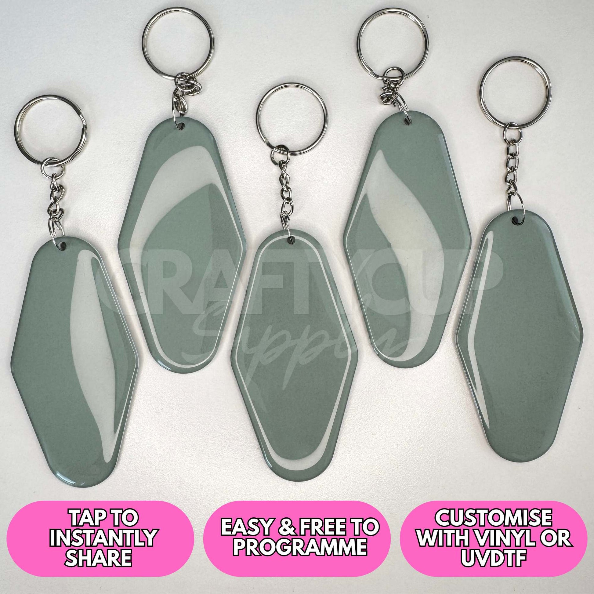 Blank NFC motel shaped tag keyring designed for contactless digital business cards and payment links