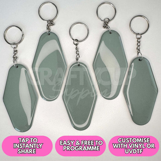 Blank NFC motel shaped tag keyring designed for contactless digital business cards and payment links