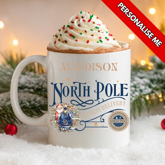 personalise with a custom name this uvdtf transfer is perfect for mugs, cups and tumblers. Showing a cute santa, with North Pole Express Delivery.