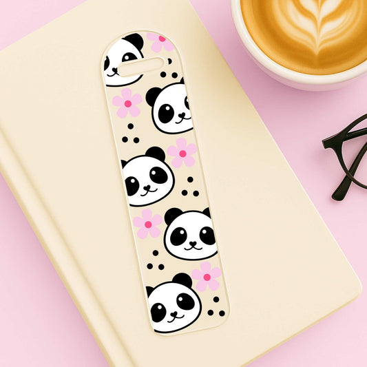 cute kawaii panda faces with pink flowers on a uv dtf print which can be used as transfers for bookmark blanks