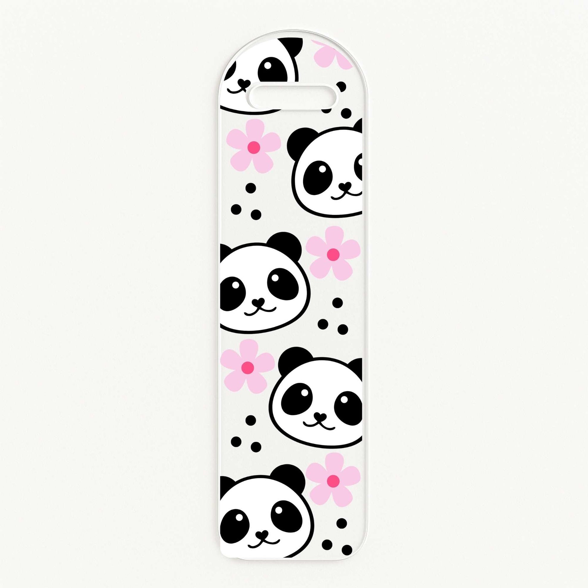 cute kawaii panda faces with pink flowers on a uv dtf print which can be used as transfers for bookmark blanks