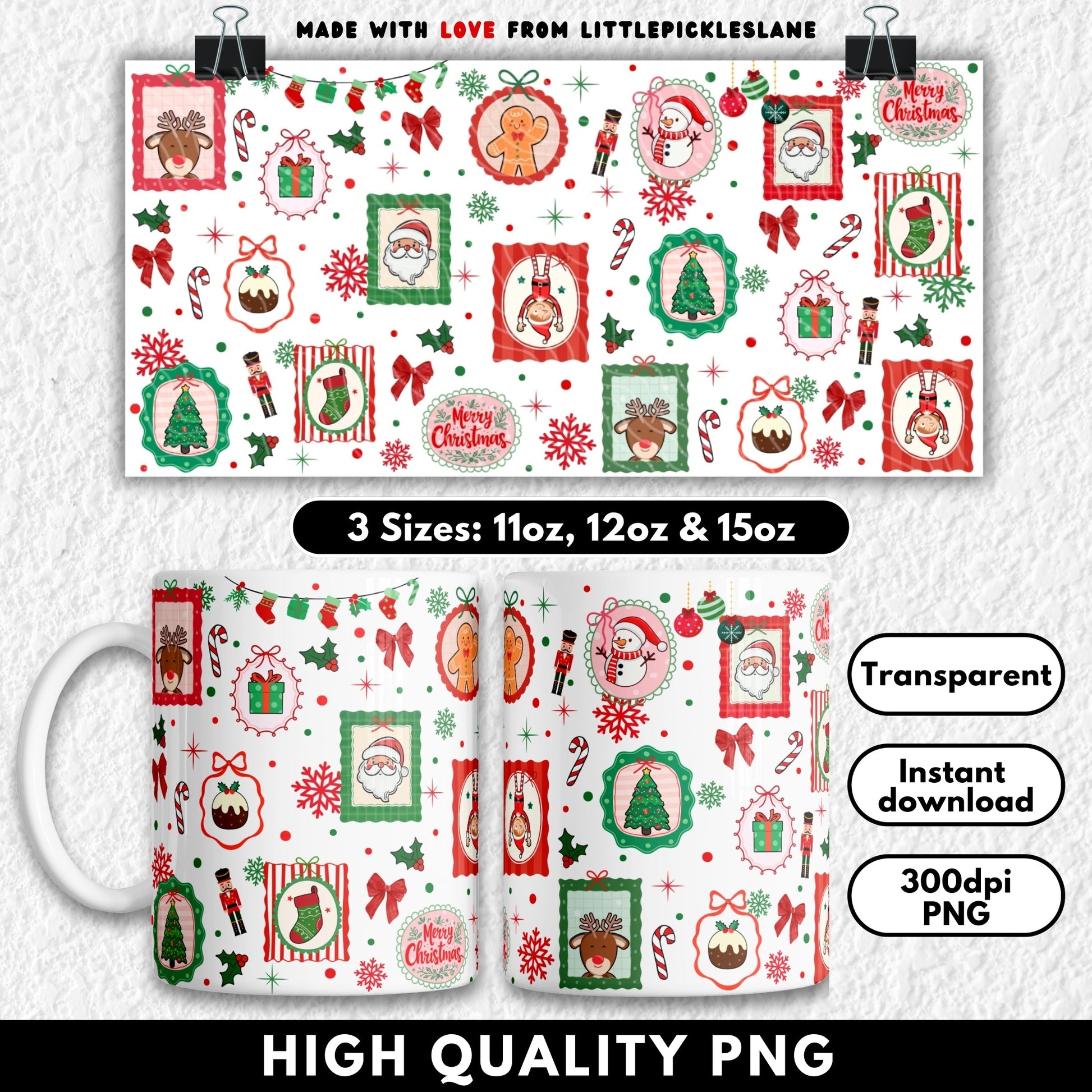 Whimsical Christmas-themed digital wrap for 11oz 12oz & 15oz sublimation mugs featuring framed illustrations of Santa, reindeer, Christmas trees, gifts, stockings, gingerbread, snowmen, and elves. Accented with candy canes, holly, snowflakes, and red bows on a festive black background. Ideal for sublimation printing, UV DTF transfers, and DIY holiday mug tumbler wraps. High-resolution PNG and JPG for instant download and handmade gifts.