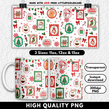 Whimsical Christmas-themed digital wrap for 11oz 12oz & 15oz sublimation mugs featuring framed illustrations of Santa, reindeer, Christmas trees, gifts, stockings, gingerbread, snowmen, and elves. Accented with candy canes, holly, snowflakes, and red bows on a festive black background. Ideal for sublimation printing, UV DTF transfers, and DIY holiday mug tumbler wraps. High-resolution PNG and JPG for instant download and handmade gifts.