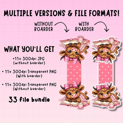 Product description for digital files with cartoon cow illustrations on a pink background.