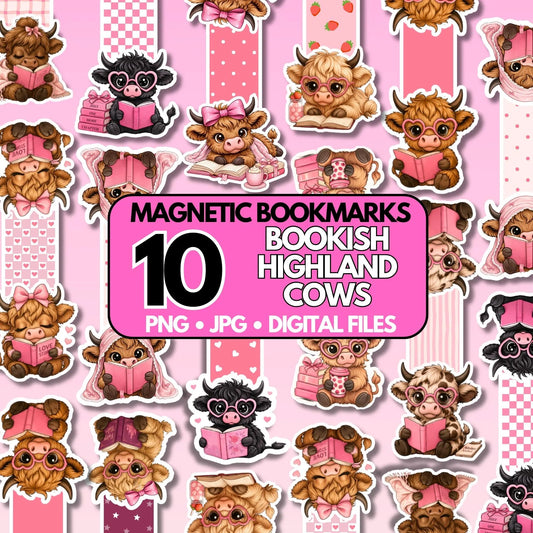 Magnetic bookmarks with bookish Highland cows design on a pink background