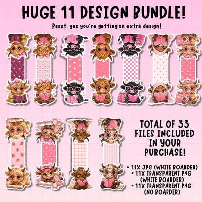Sticker design bundle with cartoon characters on a pink background