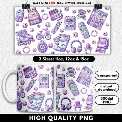 This retro sublimation mug wrap is packed with 90s and Y2K nostalgia, featuring roller skates, Tamagotchi, Game Boy, Nokia phone, Walkman, flip phone, pager, bike, crayons, claw machine, backpack, headphones, yo-yo, pacifier ring, smiley faces, and more in pastel purple and pink hues. Sized for 11oz, 12oz, and 15oz sublimation mugs, this high-resolution PNG is perfect for creating fun throwback drinkware. A trendy mug design for retro lovers, gamers, and nostalgic 90s kids.