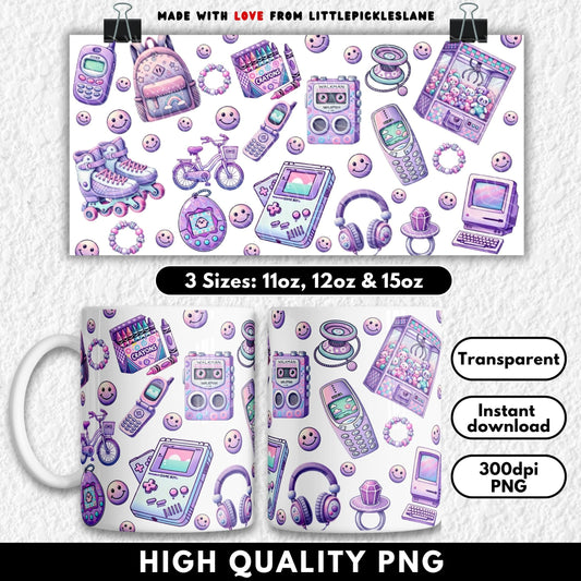 This retro sublimation mug wrap is packed with 90s and Y2K nostalgia, featuring roller skates, Tamagotchi, Game Boy, Nokia phone, Walkman, flip phone, pager, bike, crayons, claw machine, backpack, headphones, yo-yo, pacifier ring, smiley faces, and more in pastel purple and pink hues. Sized for 11oz, 12oz, and 15oz sublimation mugs, this high-resolution PNG is perfect for creating fun throwback drinkware. A trendy mug design for retro lovers, gamers, and nostalgic 90s kids.