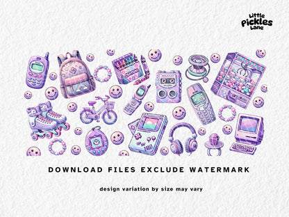 This retro sublimation mug wrap is packed with 90s and Y2K nostalgia, featuring roller skates, Tamagotchi, Game Boy, Nokia phone, Walkman, flip phone, pager, bike, crayons, claw machine, backpack, headphones, yo-yo, pacifier ring, smiley faces, and more in pastel purple and pink hues. Sized for 11oz, 12oz, and 15oz sublimation mugs, this high-resolution PNG is perfect for creating fun throwback drinkware. A trendy mug design for retro lovers, gamers, and nostalgic 90s kids.