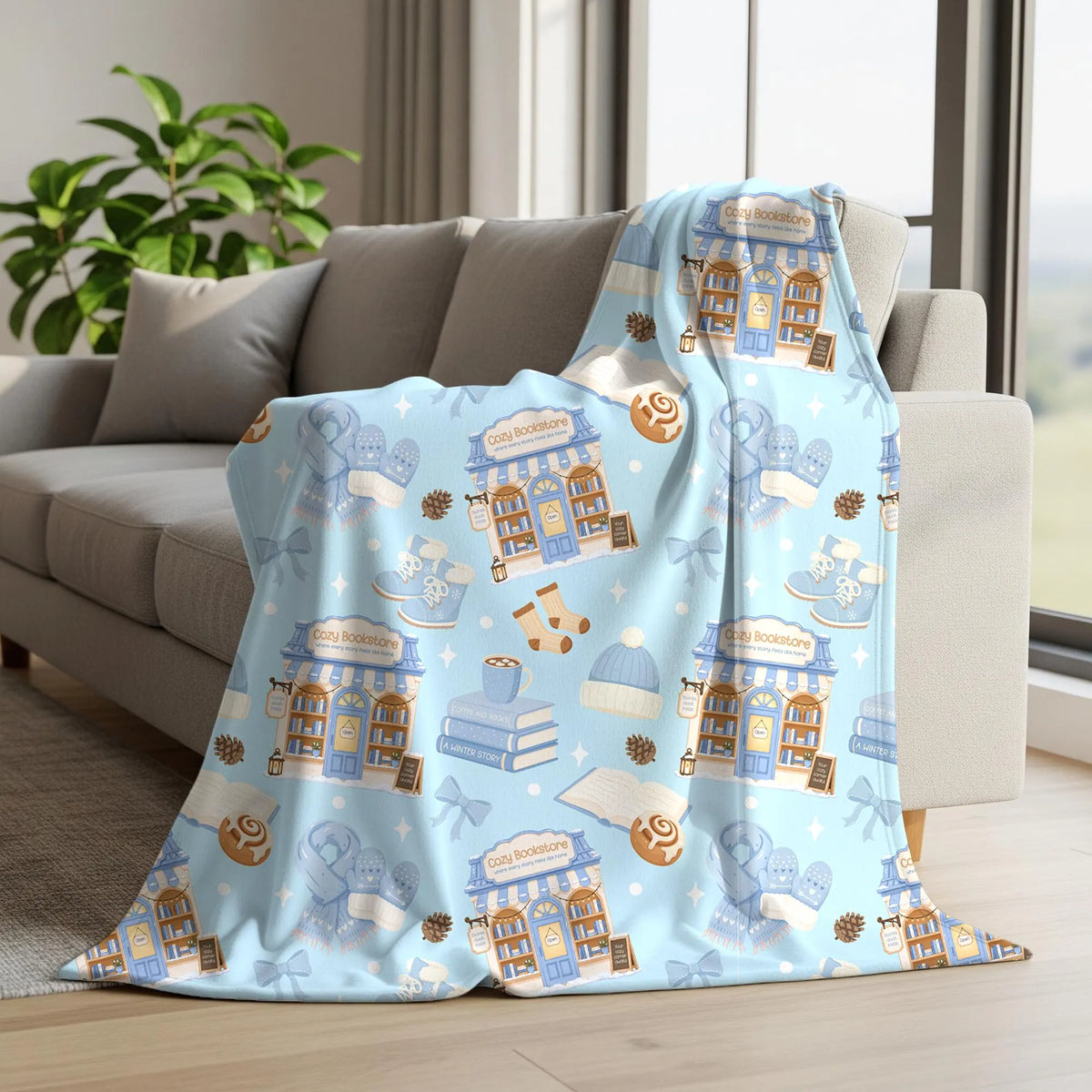 Cozy winter bookish seamless pattern on a fleece blanket featuring blue bookstores, books, scarves and hot cocoa.