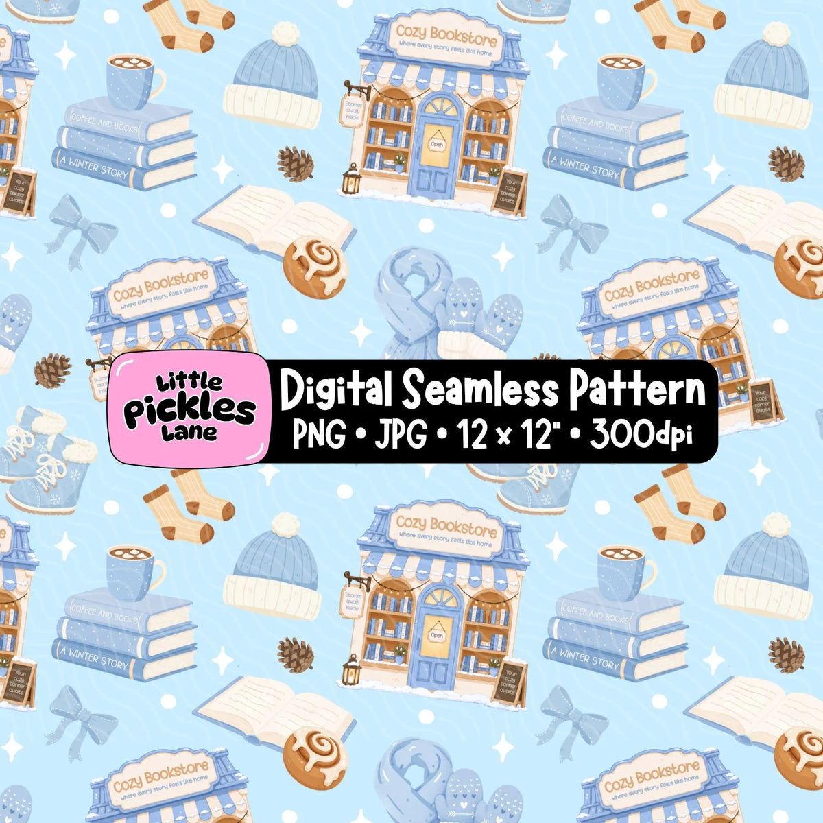 Cozy winter bookish seamless pattern on a fleece blanket featuring blue bookstores, books, scarves and hot cocoa.