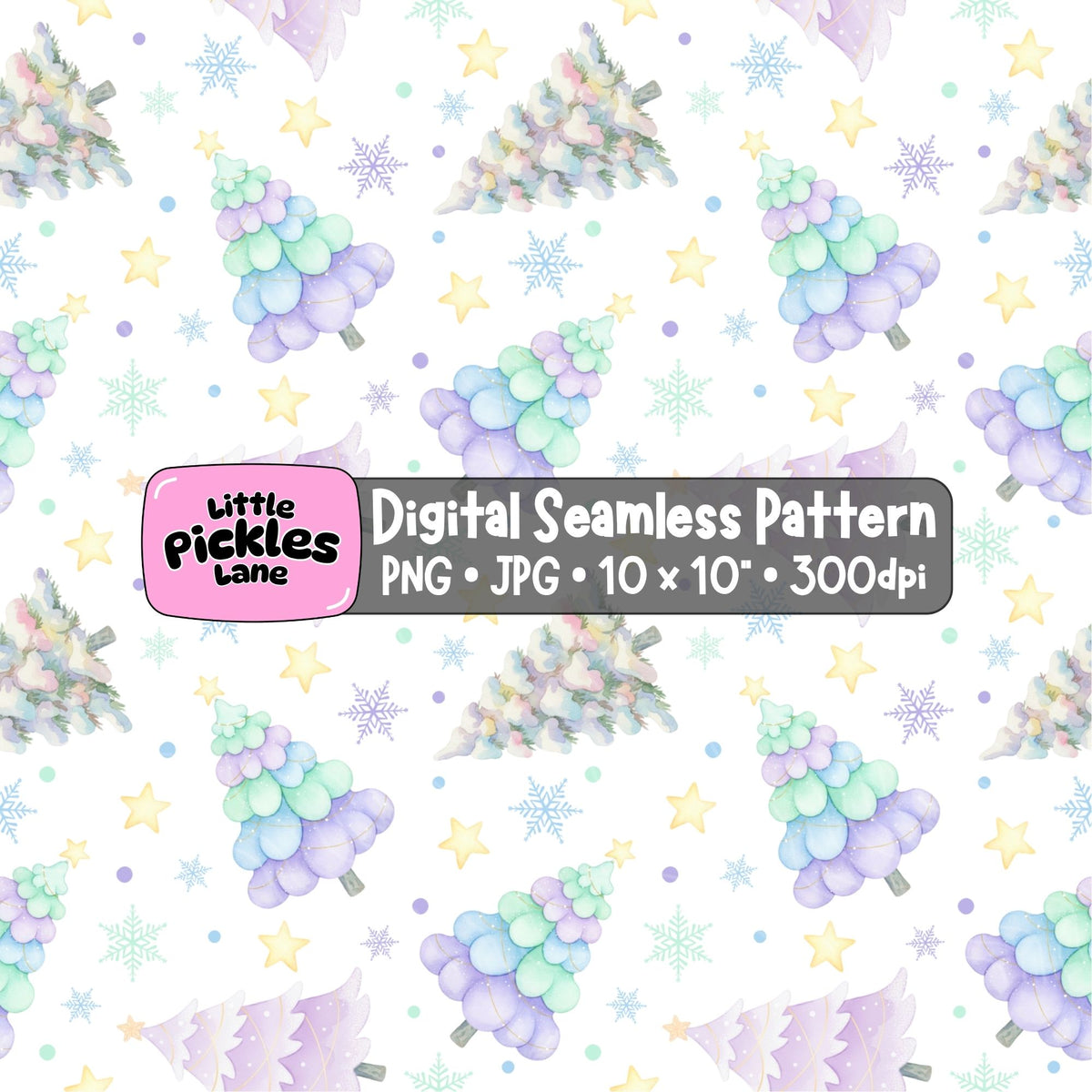 Pastel Christmas trees seamless digital paper with soft lavender, mint and blue watercolour trees, snowflakes and yellow stars on a white background.
