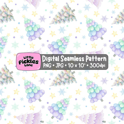 Pastel Christmas trees seamless digital paper with soft lavender, mint and blue watercolour trees, snowflakes and yellow stars on a white background.