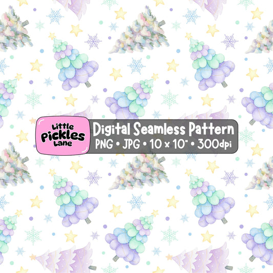 Pastel Christmas trees seamless digital paper with soft lavender, mint and blue watercolour trees, snowflakes and yellow stars on a white background.