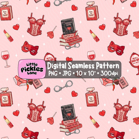 Pink spicy bookish seamless pattern featuring romance books, red corsets, heart-shaped accessories, lipstick and masquerade masks.