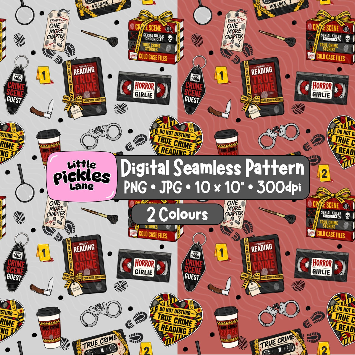 True Crime Junkie seamless pattern digital download in PNG and JPG format for true crime inspired crafts and personalised products.