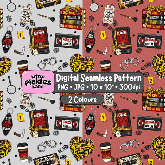 True Crime Junkie seamless pattern digital download in PNG and JPG format for true crime inspired crafts and personalised products.