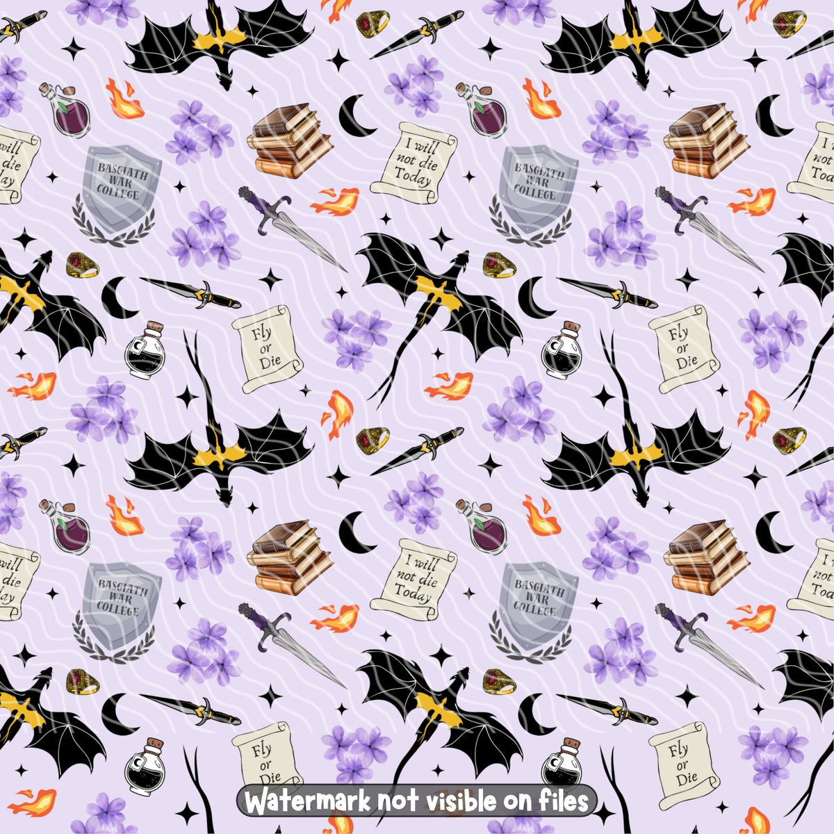 Fourth Wing inspired dragon romantasy seamless pattern featuring black dragons, silver swords, violet flowers, fantasy books and Basgiath War College shields.