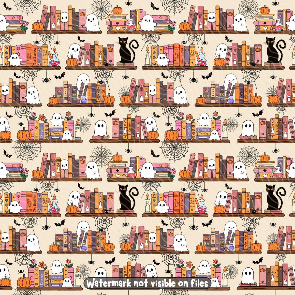 Halloween bookshelf seamless pattern featuring pastel orange and pink books, white ghosts, black cats, pumpkins, bats and spiderwebs.