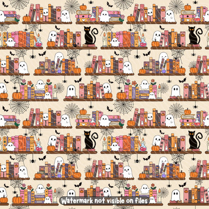 Halloween bookshelf seamless pattern featuring pastel orange and pink books, white ghosts, black cats, pumpkins, bats and spiderwebs.