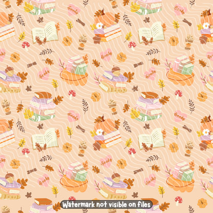 Autumn book lover seamless digital paper featuring stacked books, pumpkins, coffee cups, mushrooms and fall leaves on a peach wavy background.