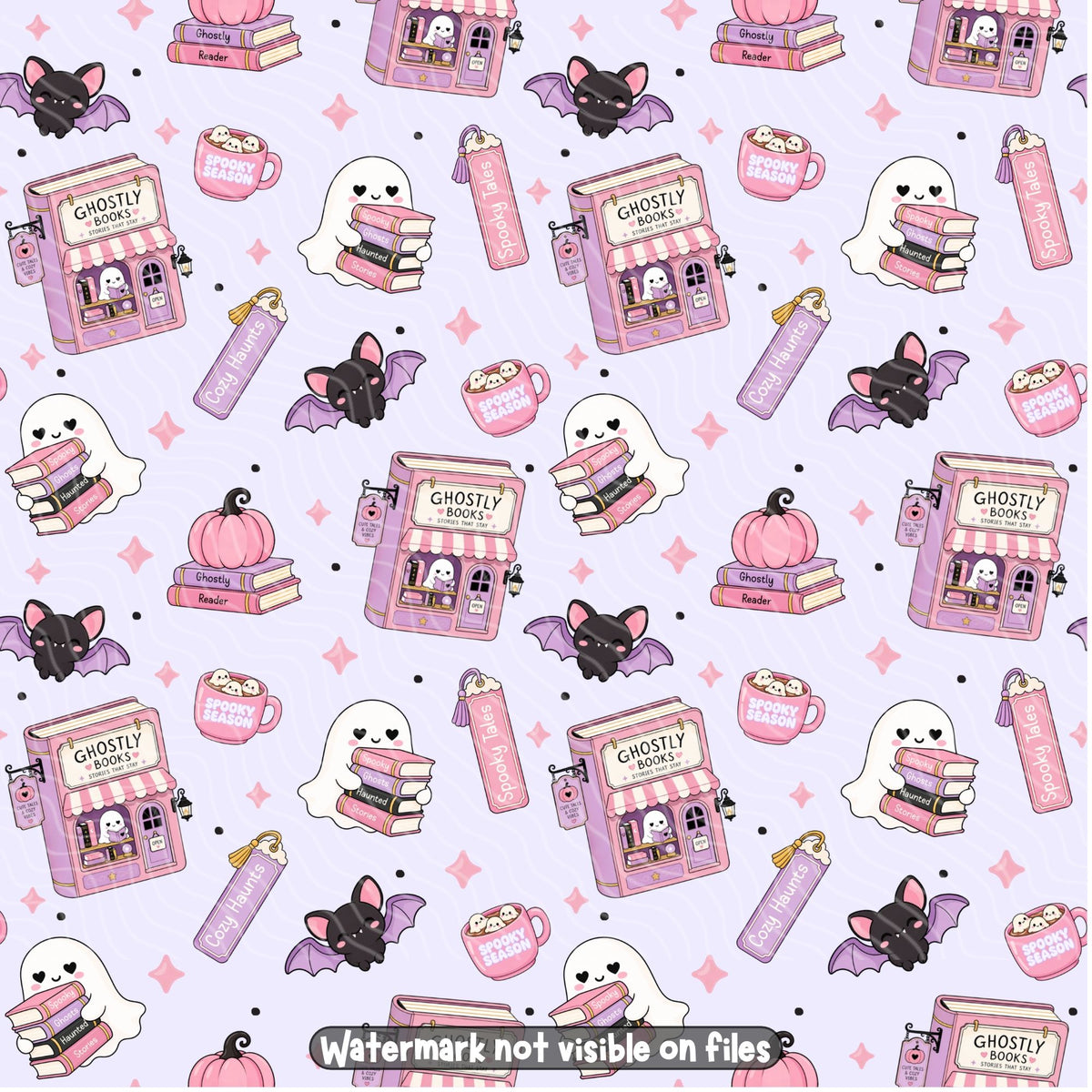 Cute Halloween bookish seamless pattern featuring pink Ghostly Books shops, reading ghosts, black bats, pumpkins and spooky season mugs on lavender.