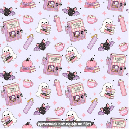 Cute Halloween bookish seamless pattern featuring pink Ghostly Books shops, reading ghosts, black bats, pumpkins and spooky season mugs on lavender.