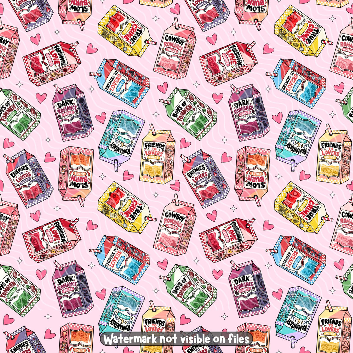 Pink romance book tropes seamless pattern featuring enemies to lovers, dark romance, slow burn and cowboy romance juice cartons.