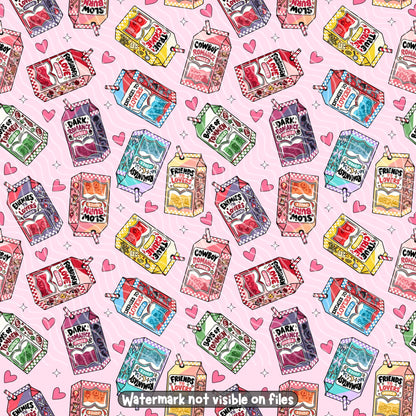 Pink romance book tropes seamless pattern featuring enemies to lovers, dark romance, slow burn and cowboy romance juice cartons.