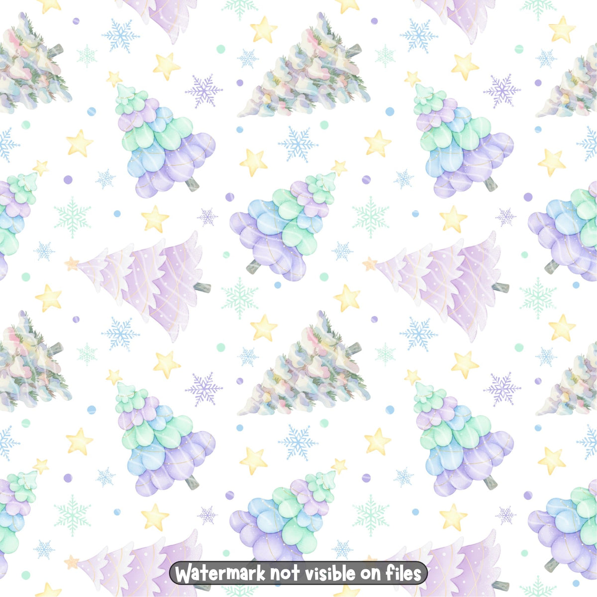 Pastel watercolour Christmas trees seamless pattern featuring lavender, mint green and baby blue trees with yellow stars and delicate snowflakes.