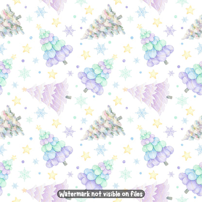 Pastel watercolour Christmas trees seamless pattern featuring lavender, mint green and baby blue trees with yellow stars and delicate snowflakes.