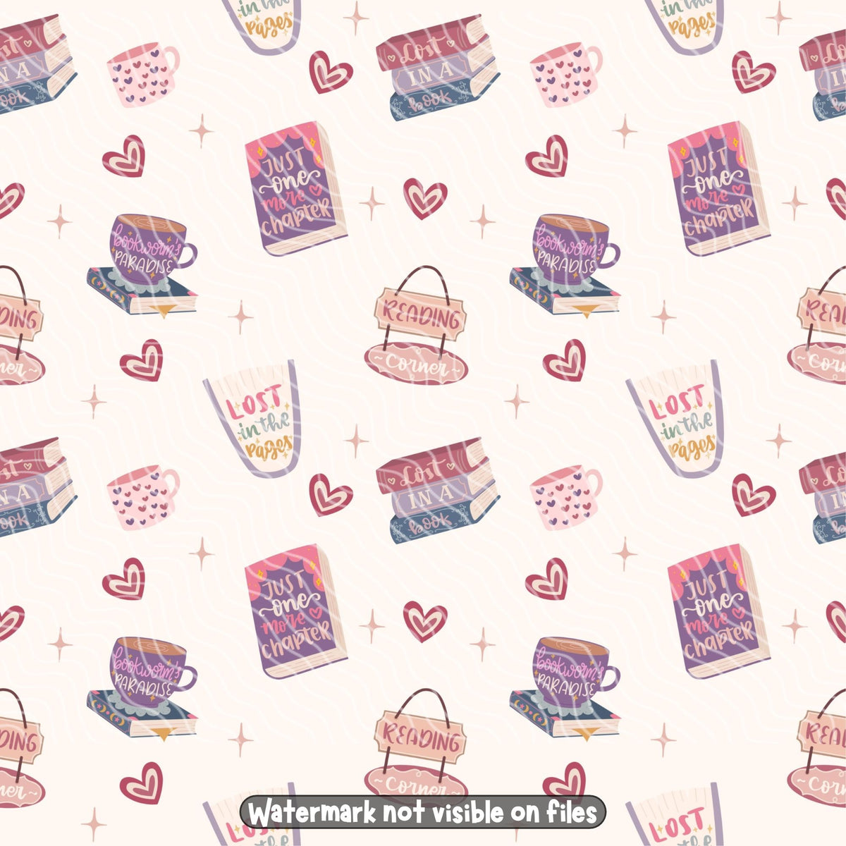 Cosy bookish seamless digital paper with Just One More Chapter books, Lost in a Book illustrations, Bookworm's Paradise mugs and romantic heart details.