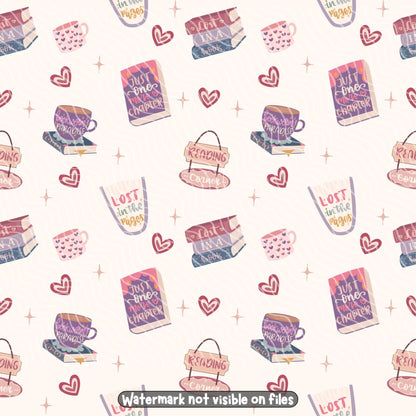 Cosy bookish seamless digital paper with Just One More Chapter books, Lost in a Book illustrations, Bookworm's Paradise mugs and romantic heart details.
