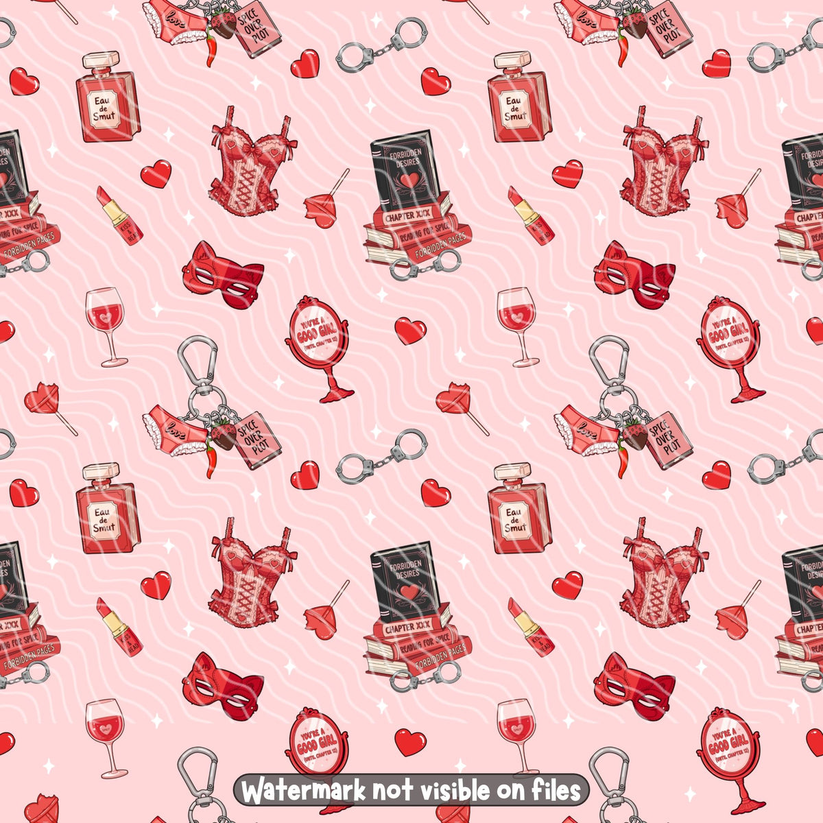 Spicy bookish romance seamless digital paper featuring red corsets, handcuffs, masquerade masks, perfume, lipstick and romance novels on pink.
