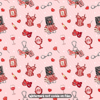 Spicy bookish romance seamless digital paper featuring red corsets, handcuffs, masquerade masks, perfume, lipstick and romance novels on pink.