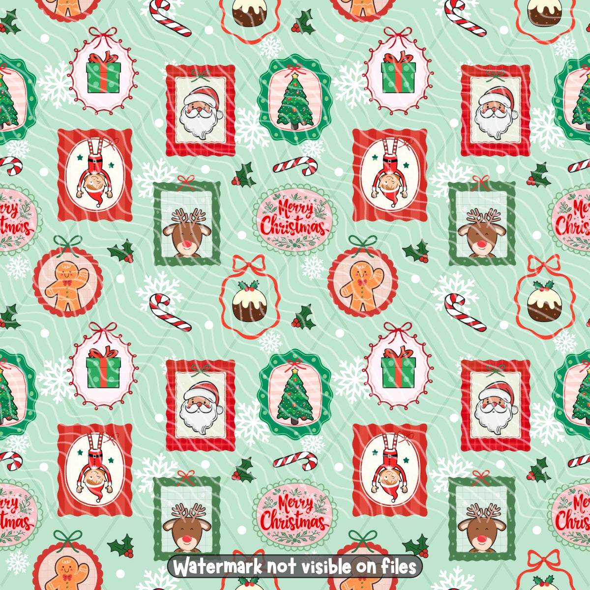 Festive Christmas seamless digital paper with red and green portrait frames, Santa Claus, reindeer, gingerbread men, gifts and snowflakes.