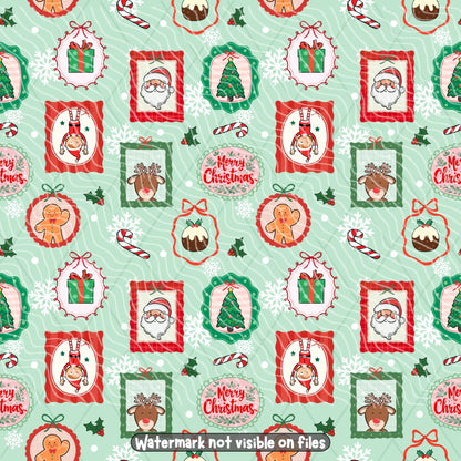 Festive Christmas seamless digital paper with red and green portrait frames, Santa Claus, reindeer, gingerbread men, gifts and snowflakes.