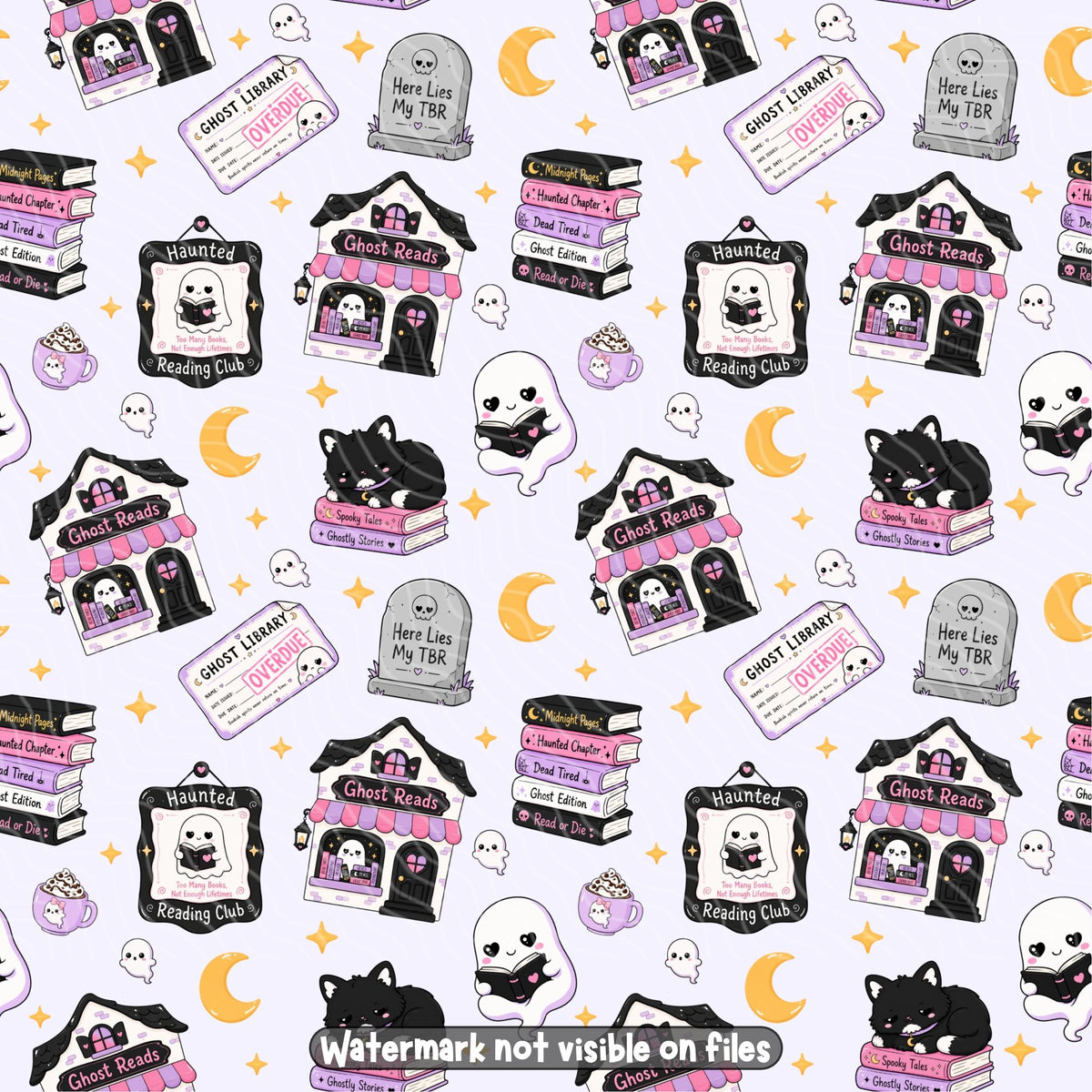 Ghost Reads spooky bookish seamless pattern featuring haunted bookshops, reading ghosts, black cats, pastel book stacks and crescent moons.