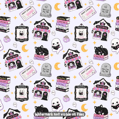 Ghost Reads spooky bookish seamless pattern featuring haunted bookshops, reading ghosts, black cats, pastel book stacks and crescent moons.