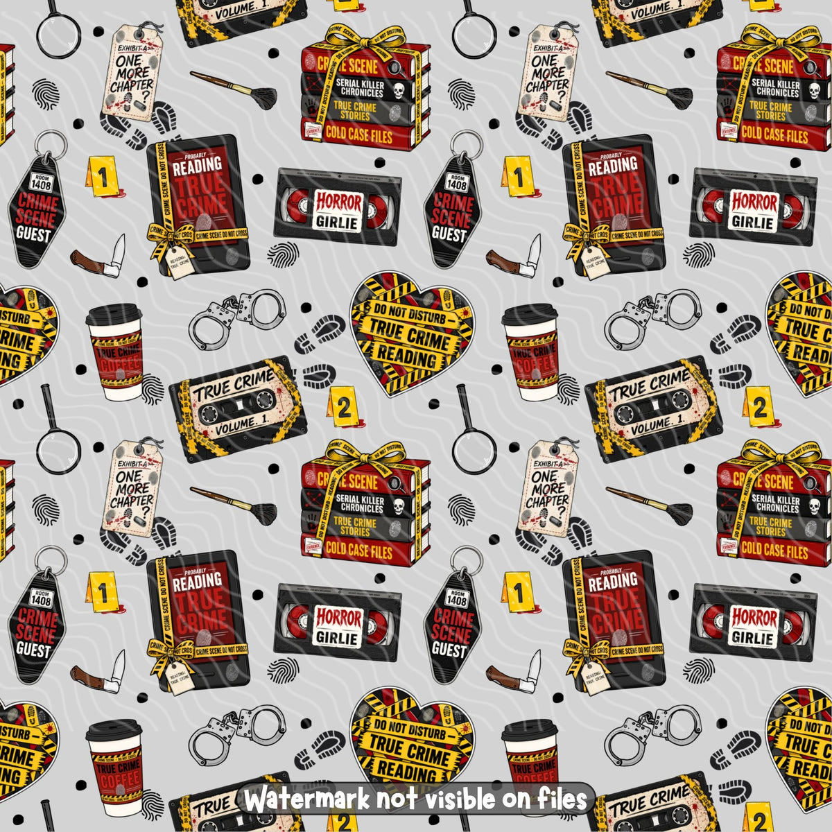 True Crime Junkie seamless digital paper featuring a repeating true crime themed design for podcast fans and crime mystery enthusiasts.