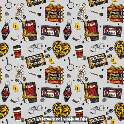 True Crime Junkie seamless digital paper featuring a repeating true crime themed design for podcast fans and crime mystery enthusiasts.