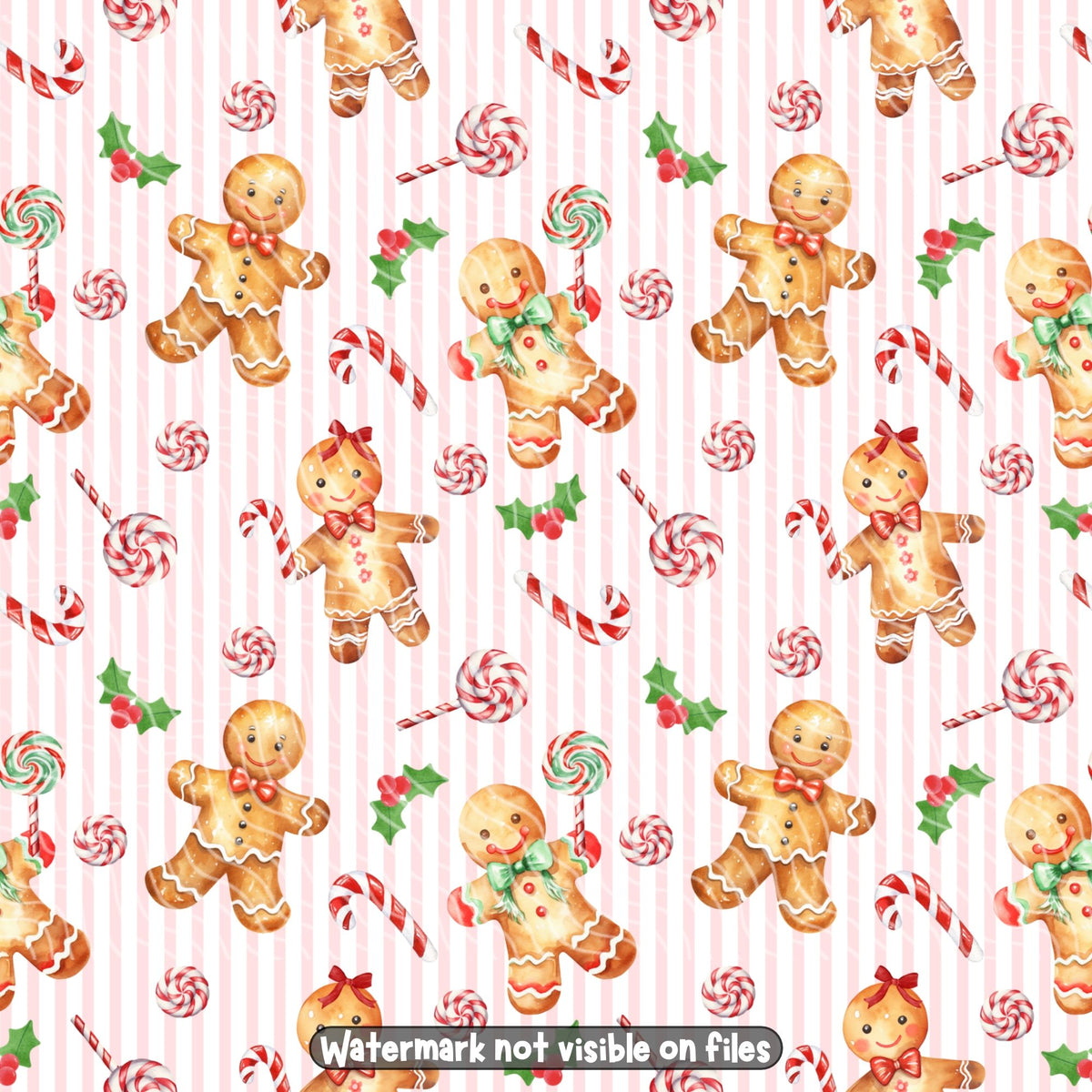 Watercolor gingerbread Christmas seamless digital paper with smiling gingerbread boys and girls, peppermint sweets, holly and pink striped background.
