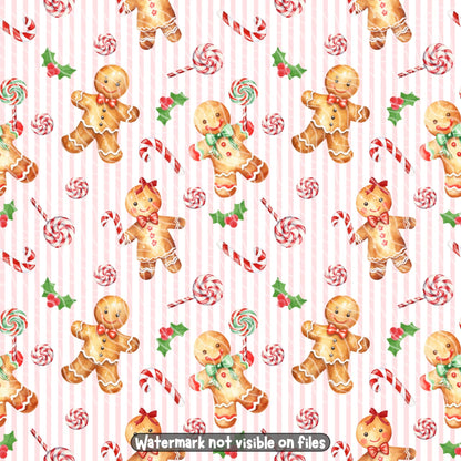 Watercolor gingerbread Christmas seamless digital paper with smiling gingerbread boys and girls, peppermint sweets, holly and pink striped background.