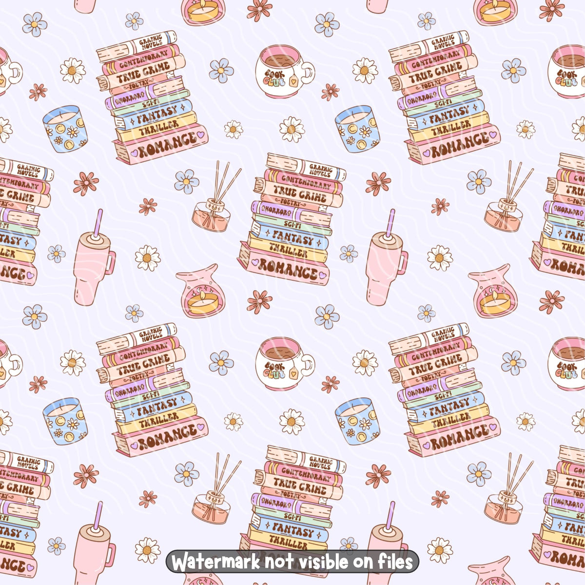 Pastel bookish seamless pattern featuring colourful book stacks with romance, fantasy, thriller and true crime genres, coffee mugs, candles and flowers.